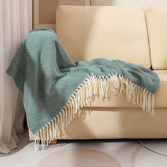 Green Elegant Herringbone Tassel Throw Blanket - Large Acrylic Faux Cashmere Soft Cozy Blanket for Sofa, Bed & Decor (130x240cm) - Mekamart Australia