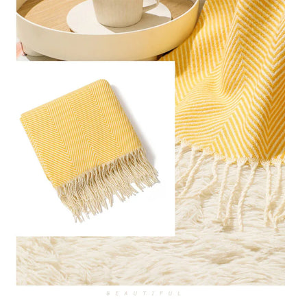 Green Elegant Herringbone Tassel Throw Blanket - Large Acrylic Faux Cashmere Soft Cozy Blanket for Sofa, Bed & Decor (130x240cm) - Mekamart Australia
