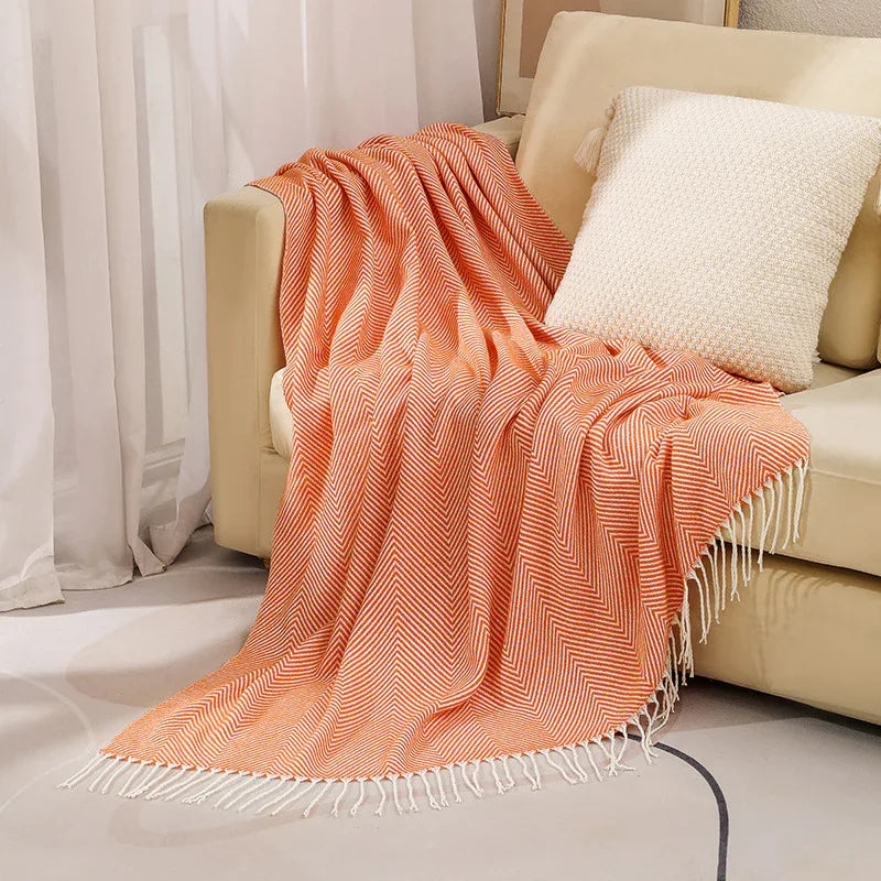 Orange Elegant Herringbone Tassel Throw Blanket - Large Acrylic Faux Cashmere Soft Cozy Blanket for Sofa, Bed & Decor (130x240cm) - Mekamart Australia