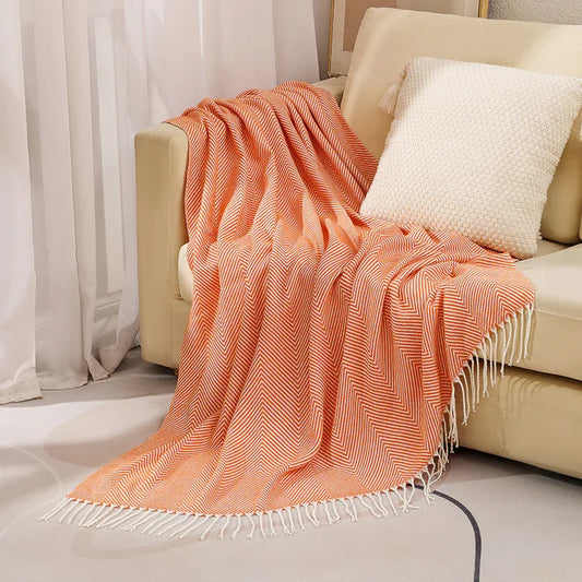 Orange Elegant Herringbone Tassel Throw Blanket - Large Acrylic Faux Cashmere Soft Cozy Blanket for Sofa, Bed & Decor (130x240cm) - Mekamart Australia