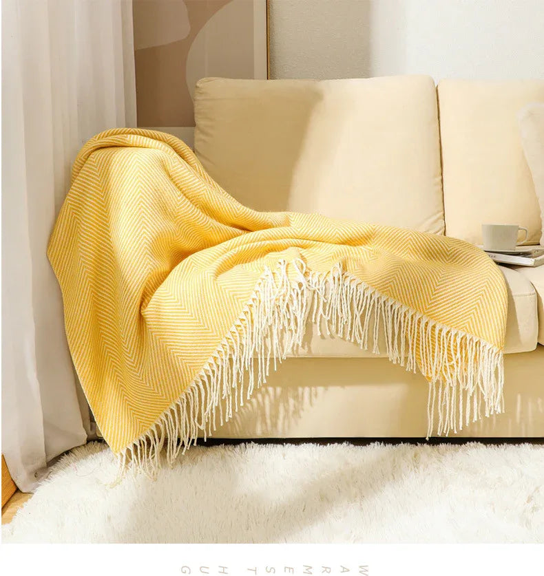 Orange Elegant Herringbone Tassel Throw Blanket - Large Acrylic Faux Cashmere Soft Cozy Blanket for Sofa, Bed & Decor (130x240cm) - Mekamart Australia
