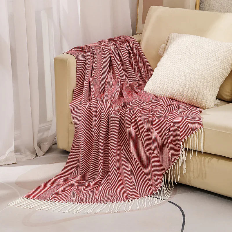 Red Elegant Herringbone Tassel Throw Blanket - Large Acrylic Faux Cashmere Soft Cozy Blanket for Sofa, Bed & Decor (130x240cm) - Mekamart Australia