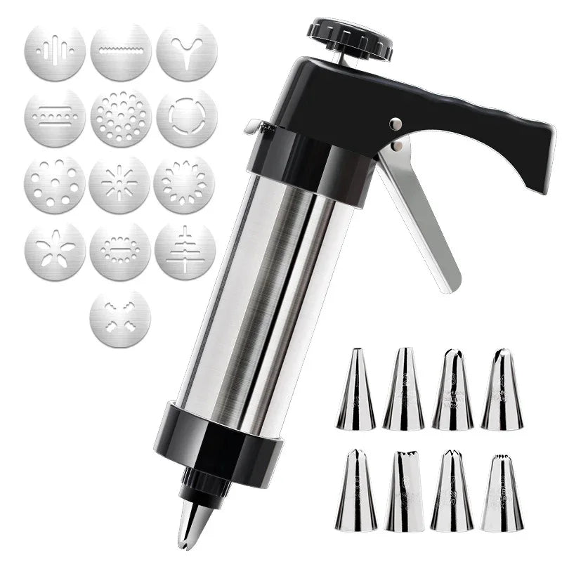Silver and Black Stainless Steel Cookie Press Gun Kit - Biscuit Maker & Icing Decorating Set with 13 Discs & 8 Nozzles - Mekamart Australia