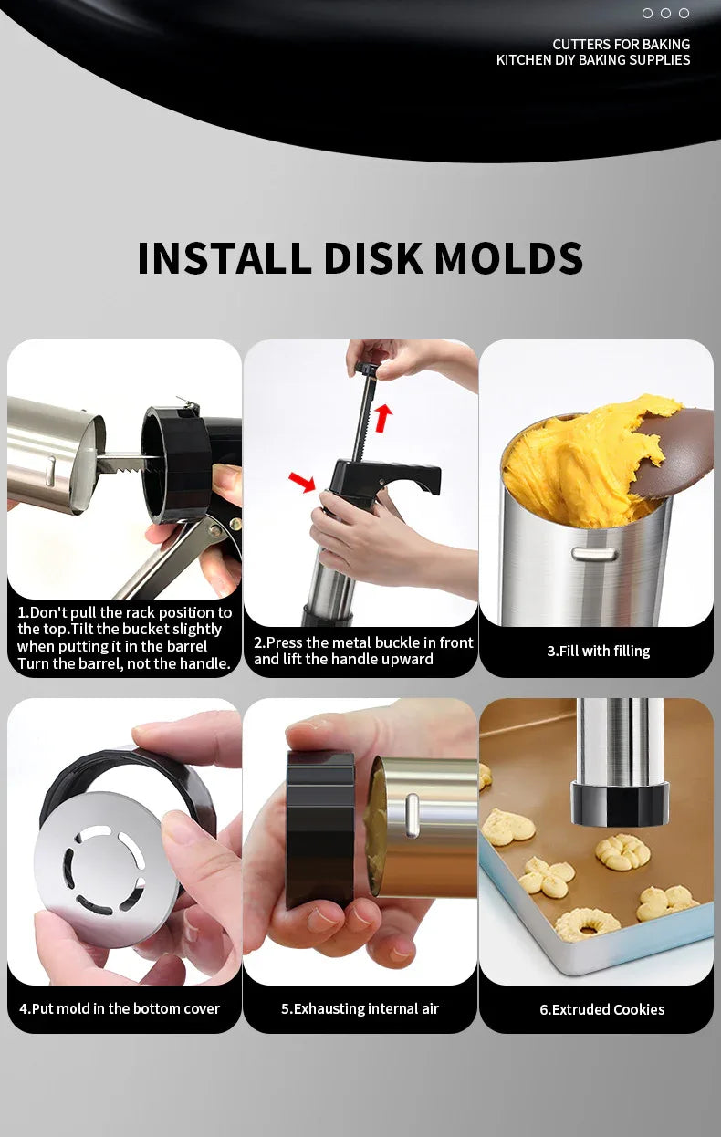 Silver and Black Stainless Steel Cookie Press Gun Kit - Biscuit Maker & Icing Decorating Set with 13 Discs & 8 Nozzles - Mekamart Australia