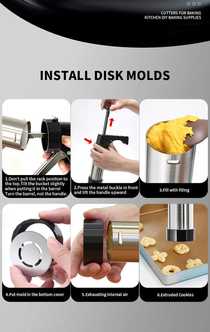 Silver and Black Stainless Steel Cookie Press Gun Kit - Biscuit Maker & Icing Decorating Set with 13 Discs & 8 Nozzles - Mekamart Australia