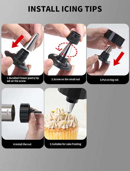 Silver and Black Stainless Steel Cookie Press Gun Kit - Biscuit Maker & Icing Decorating Set with 13 Discs & 8 Nozzles - Mekamart Australia