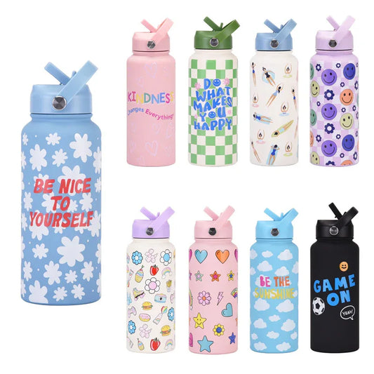 Style 19A Blue and White Plaid Vibrant Fun Print 1L Stainless Steel Insulated Water Bottle - 32oz Large Capacity with Straw Lid & Carry Handle - BPA-Free - Mekamart Australia