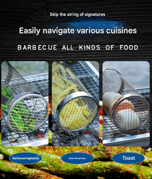 2 Pcs Size S Silver Rolling Stainless Steel BBQ Grill Basket - Cylindrical Grilling Cage for Veggies, Meats & More (304 Food-Grade) - Mekamart Australia