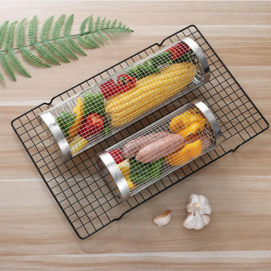 Silver 2-Piece Rolling Stainless Steel BBQ Grill Basket Set (Small & Large) - 304 Food-Grade Grilling Cages with Hooks - Mekamart Australia