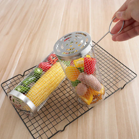 Silver 2-Piece Rolling Stainless Steel BBQ Grill Basket Set (Small & Large) - 304 Food-Grade Grilling Cages with Hooks - Mekamart Australia