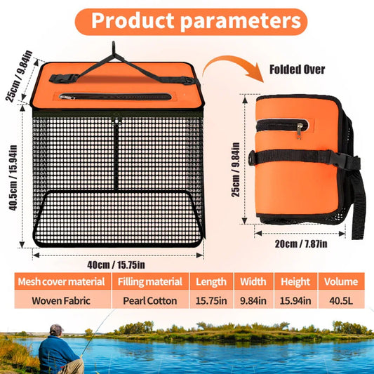 1 Piece Orange and Black Durable Collapsible Fishing Keepnet - Large 40.5L Quick-Dry Coated Nylon Fish Basket for Live Bait & Catch - Mekamart Australia