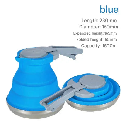 Blue 1.5L Collapsible Silicone Camping Kettle - Portable Foldable Travel Water Boiler, Stainless Steel Base - Mekamart Australia