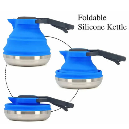Blue 1.5L Collapsible Silicone Camping Kettle - Portable Foldable Travel Water Boiler, Stainless Steel Base - Mekamart Australia