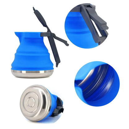 Blue 1.5L Collapsible Silicone Camping Kettle - Portable Foldable Travel Water Boiler, Stainless Steel Base - Mekamart Australia