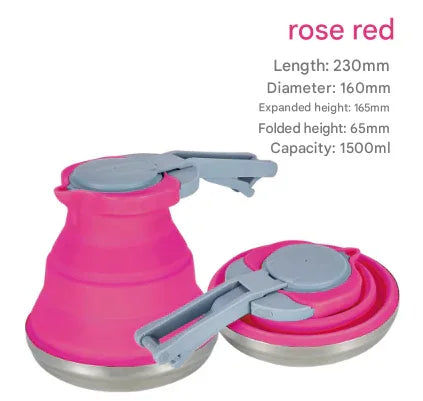 Rose Red 1.5L Collapsible Silicone Camping Kettle - Portable Foldable Travel Water Boiler, Stainless Steel Base - Mekamart Australia
