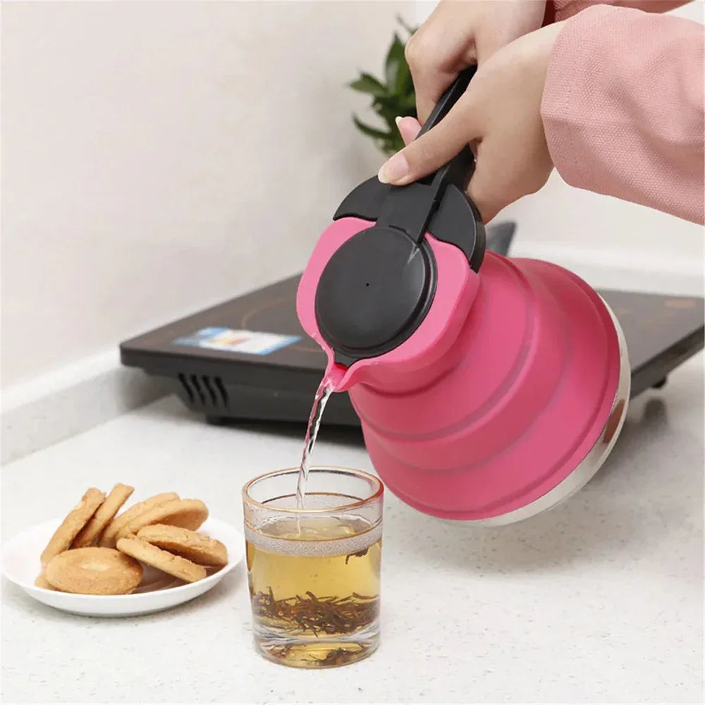 Light Green 1.5L Collapsible Silicone Camping Kettle - Portable Foldable Travel Water Boiler, Stainless Steel Base - Mekamart Australia