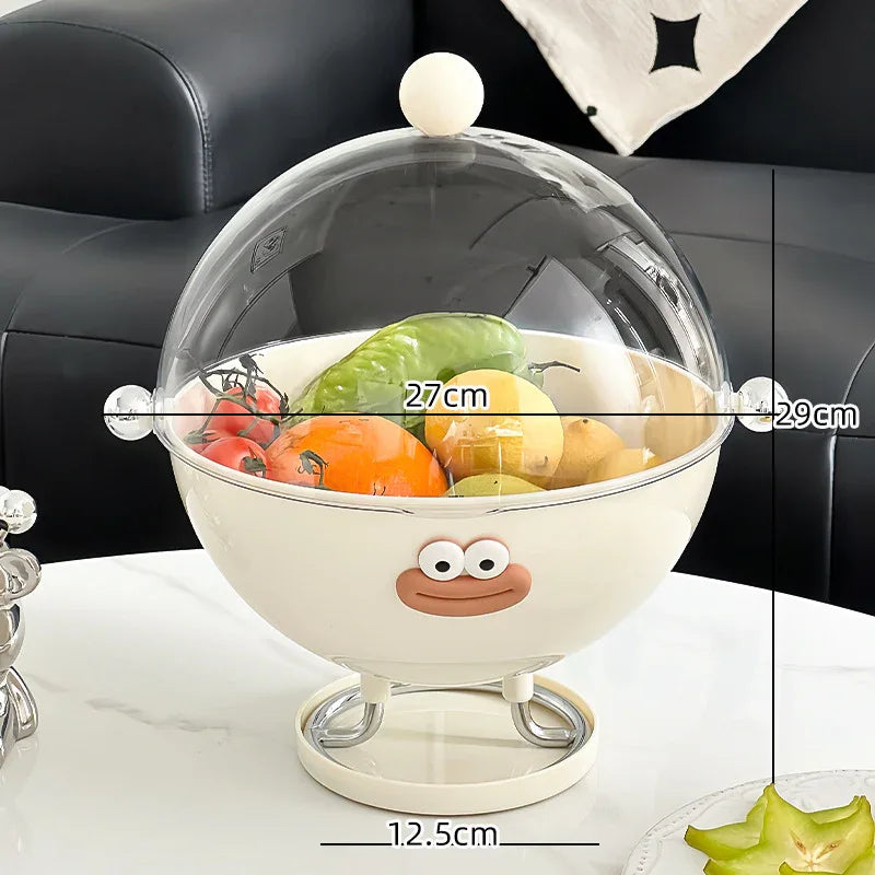 Beige Whimsical Covered Fruit Bowl with Flip Lid & Drainer - Cute Design Snack & Candy Dish for Living Room - Mekamart Australia