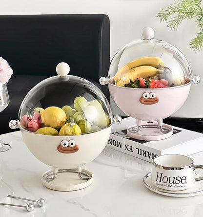Pink Whimsical Covered Fruit Bowl with Flip Lid & Drainer - Cute Design Snack & Candy Dish for Living Room - Mekamart Australia