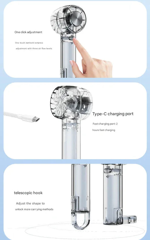 Transparent White Portable Mini Cooling Fan with Semiconductor Ice Compress - USB-C Rechargeable, 3-Speed Turbine & Transparent Design - Mekamart Australia