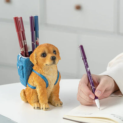 Blue Backpack Charming Golden Retriever Puppy Pen Holder - Resin Desktop Organizer & Decorative Figurine - Mekamart Australia