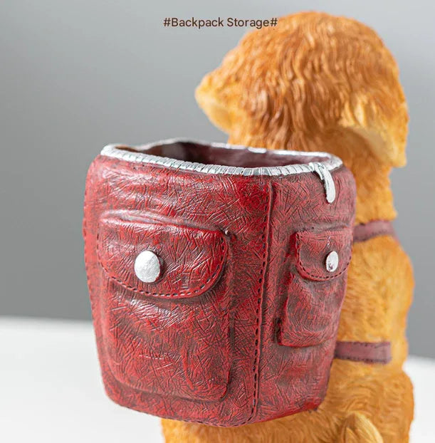 Blue Backpack Charming Golden Retriever Puppy Pen Holder - Resin Desktop Organizer & Decorative Figurine - Mekamart Australia