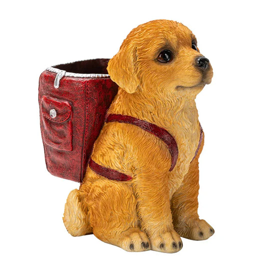 Red Backpack Charming Golden Retriever Puppy Pen Holder - Resin Desktop Organizer & Decorative Figurine - Mekamart Australia