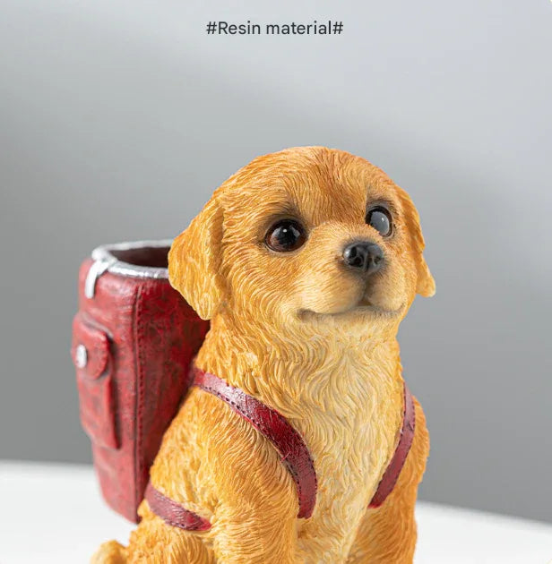 Red Backpack Charming Golden Retriever Puppy Pen Holder - Resin Desktop Organizer & Decorative Figurine - Mekamart Australia
