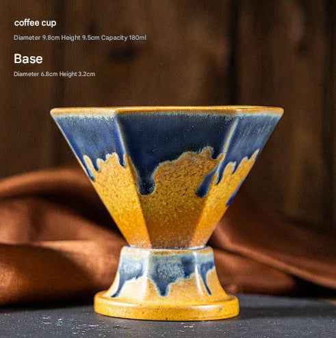 Blue and Gold Artistic Hexagonal Ceramic Coffee Cup & Stand Set - 180ml Nordic Design Drip Glaze Mug - Mekamart Australia