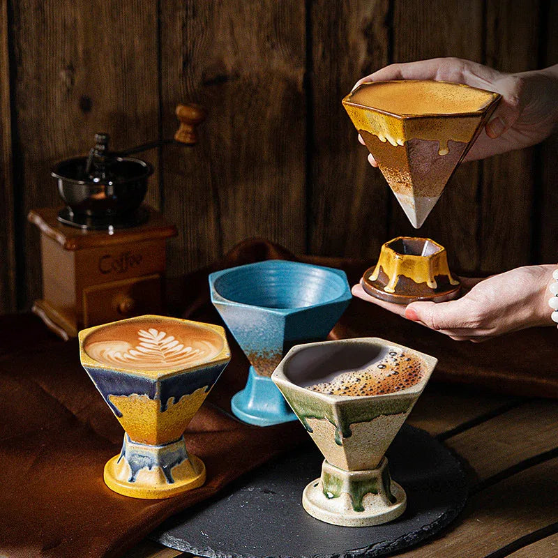 Blue and Gold Artistic Hexagonal Ceramic Coffee Cup & Stand Set - 180ml Nordic Design Drip Glaze Mug - Mekamart Australia