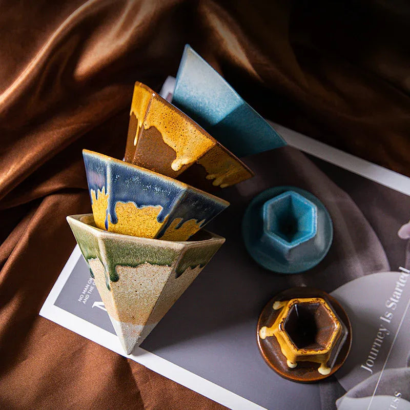 Blue and Gold Artistic Hexagonal Ceramic Coffee Cup & Stand Set - 180ml Nordic Design Drip Glaze Mug - Mekamart Australia