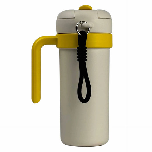 Beige and Yellow 700ml Insulated Stainless Steel Tumbler with Handle, Dual-Sip Lid, Straw & Tea Infuser - Mekamart Australia
