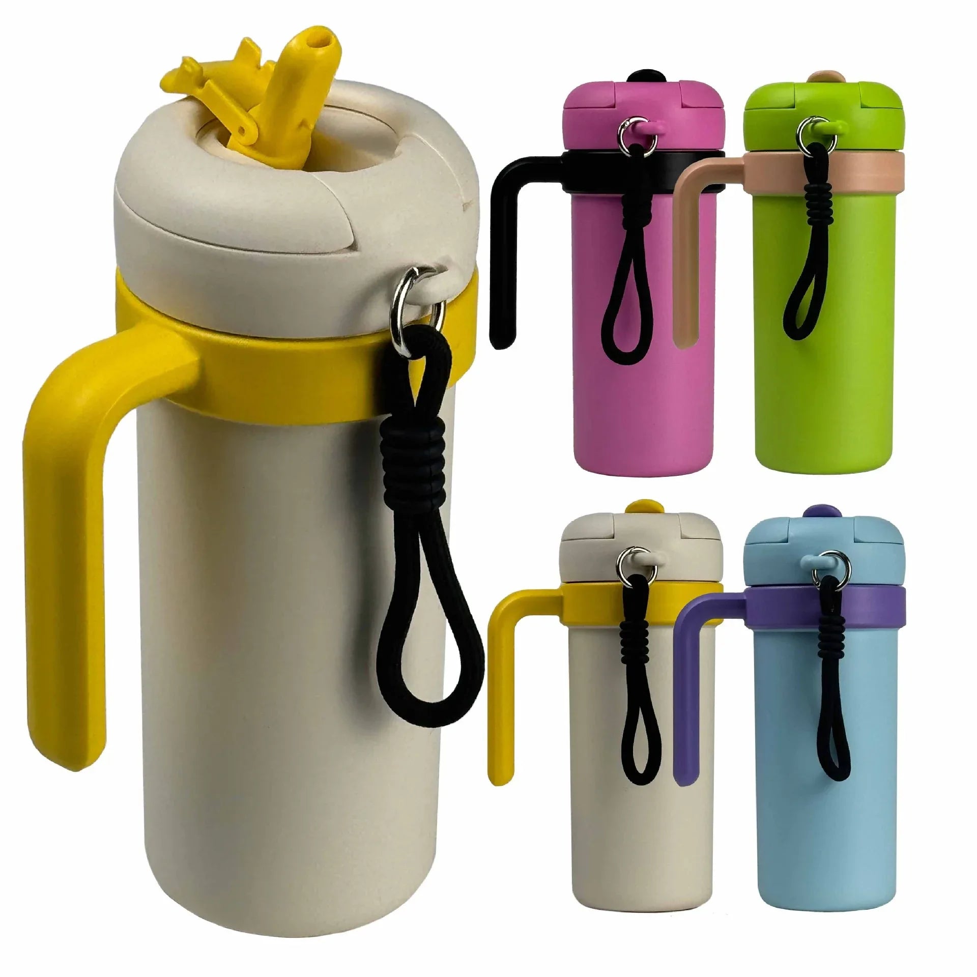 Beige and Yellow 700ml Insulated Stainless Steel Tumbler with Handle, Dual-Sip Lid, Straw & Tea Infuser - Mekamart Australia