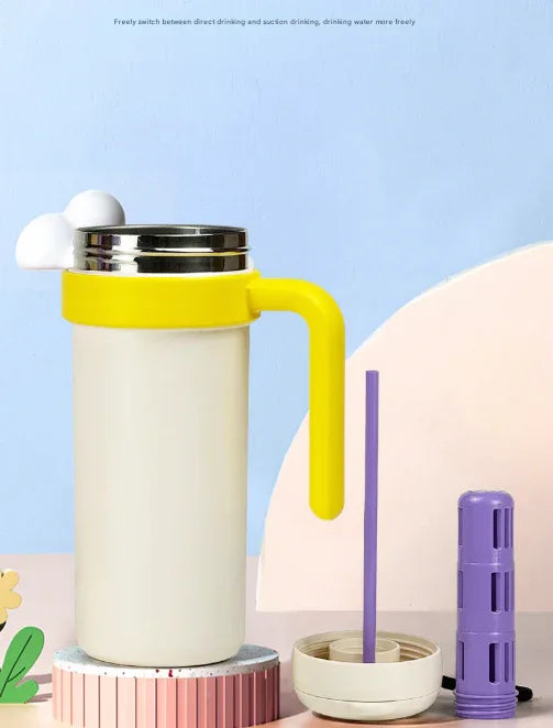 Beige and Yellow 700ml Insulated Stainless Steel Tumbler with Handle, Dual-Sip Lid, Straw & Tea Infuser - Mekamart Australia