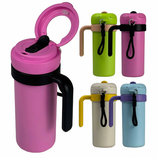 Pink and Black 700ml Insulated Stainless Steel Tumbler with Handle, Dual-Sip Lid, Straw & Tea Infuser - Mekamart Australia
