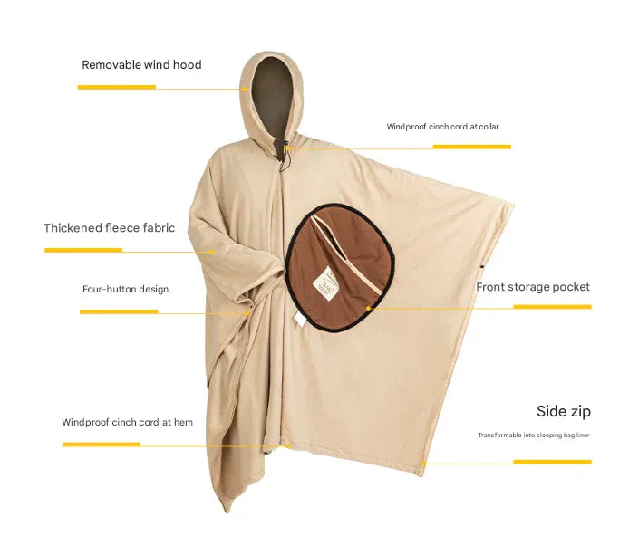 Khaki Cozy 4-in-1 Wearable Fleece Poncho Sleeping Bag - Multifunctional Camping Blanket with Detachable Hood - Mekamart Australia