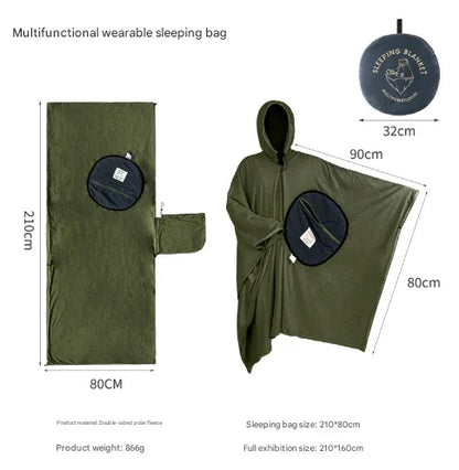 Green Cozy 4-in-1 Wearable Fleece Poncho Sleeping Bag - Multifunctional Camping Blanket with Detachable Hood - Mekamart Australia