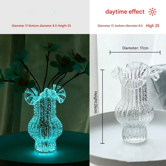 Transparent Elegant Glow-in-the-Dark Glass Vase - Vintage-Style Ruffled & Ribbed Centrepiece - Mekamart Australia
