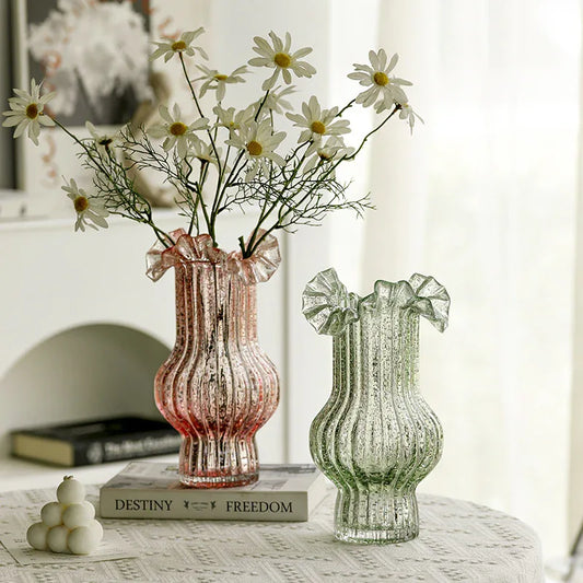 Transparent Elegant Glow-in-the-Dark Glass Vase - Vintage-Style Ruffled & Ribbed Centrepiece - Mekamart Australia