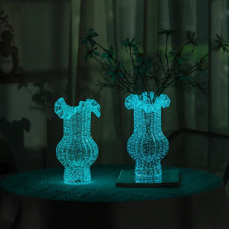 Green Elegant Glow-in-the-Dark Glass Vase - Vintage-Style Ruffled & Ribbed Centrepiece - Mekamart Australia