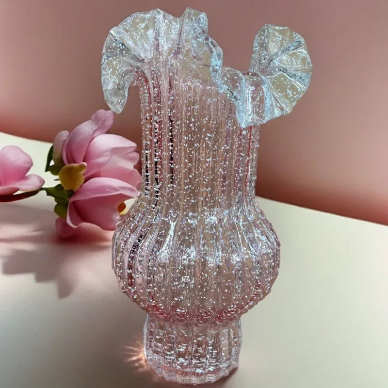 Green Elegant Glow-in-the-Dark Glass Vase - Vintage-Style Ruffled & Ribbed Centrepiece - Mekamart Australia