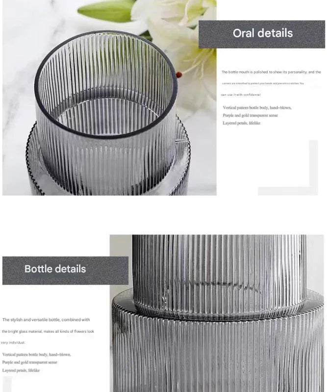 Transparent Modern Two-Tier Ribbed Glass Vase - Elegant Cylindrical Flower Centrepiece for Home Decor - Mekamart Australia