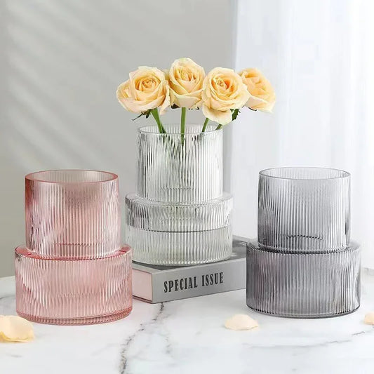 Pink Modern Two-Tier Ribbed Glass Vase - Elegant Cylindrical Flower Centrepiece for Home Decor - Mekamart Australia