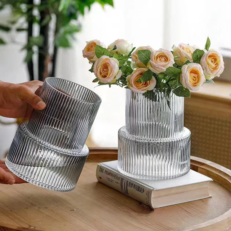 Pink Modern Two-Tier Ribbed Glass Vase - Elegant Cylindrical Flower Centrepiece for Home Decor - Mekamart Australia