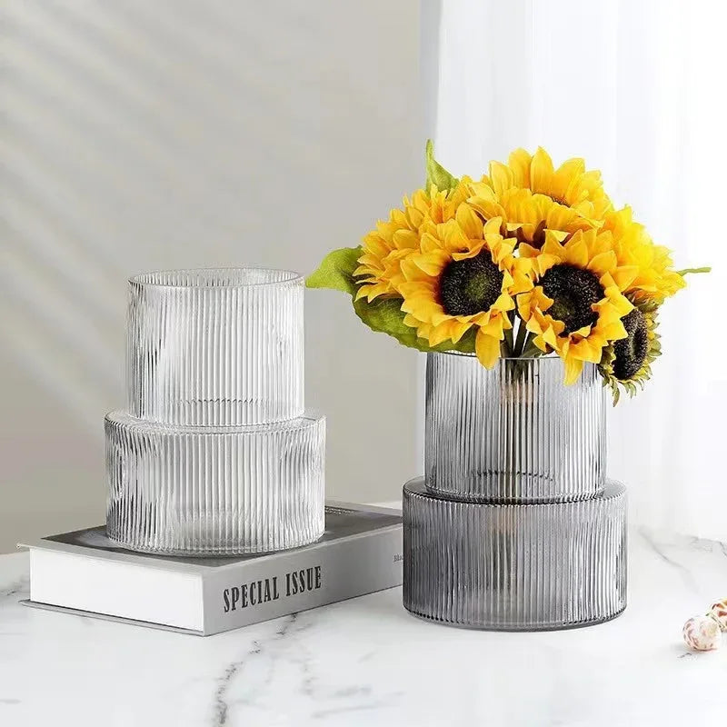 Pink Modern Two-Tier Ribbed Glass Vase - Elegant Cylindrical Flower Centrepiece for Home Decor - Mekamart Australia