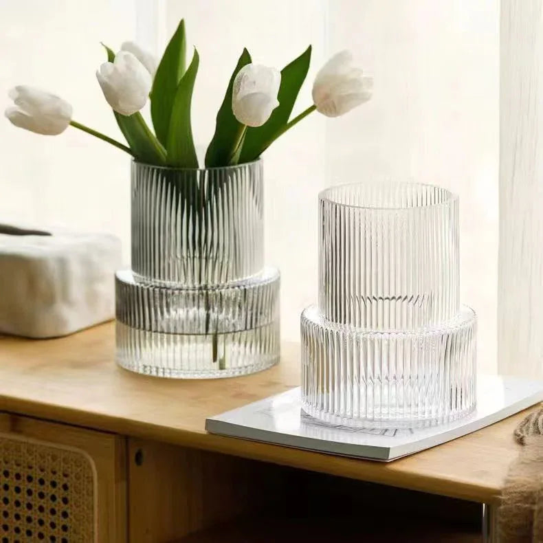 Pink Modern Two-Tier Ribbed Glass Vase - Elegant Cylindrical Flower Centrepiece for Home Decor - Mekamart Australia