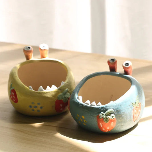 2 Pcs Yellow Whimsical Monster Ceramic Succulent Planter - Hand-Painted Character Pot with Drainage - Mekamart Australia