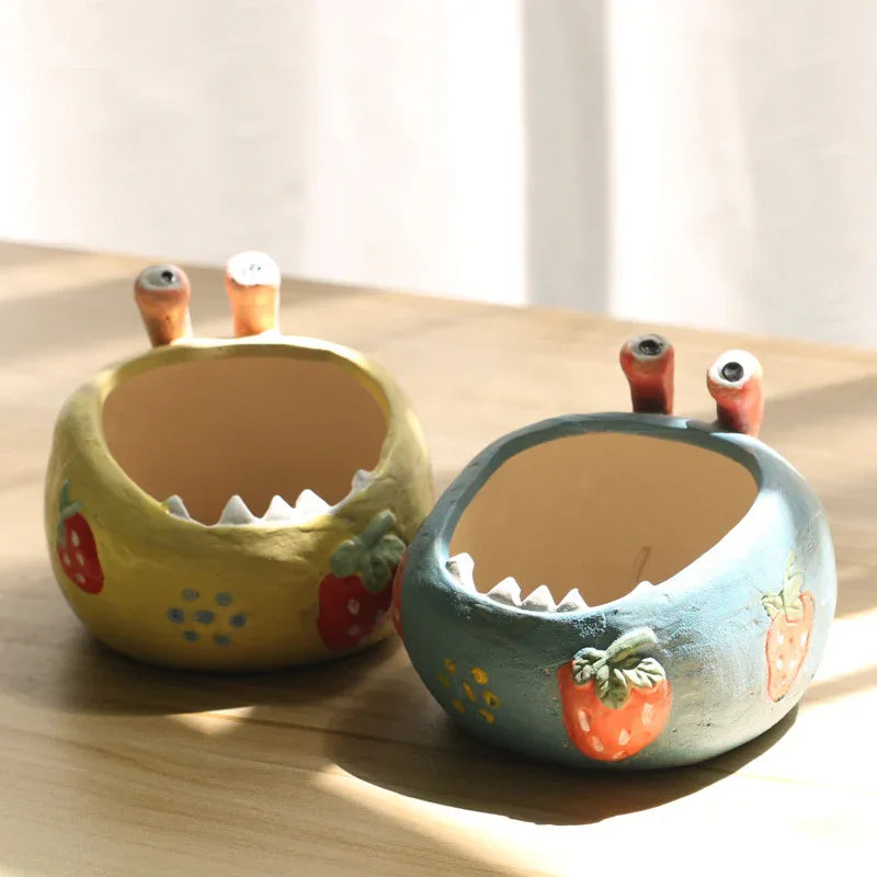 2 Pcs Blue Whimsical Monster Ceramic Succulent Planter - Hand-Painted Character Pot with Drainage - Mekamart Australia