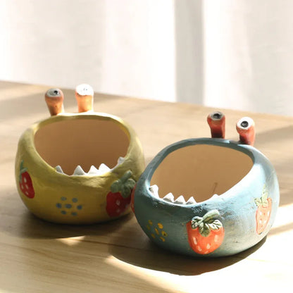 2 Pcs Blue Whimsical Monster Ceramic Succulent Planter - Hand-Painted Character Pot with Drainage - Mekamart Australia