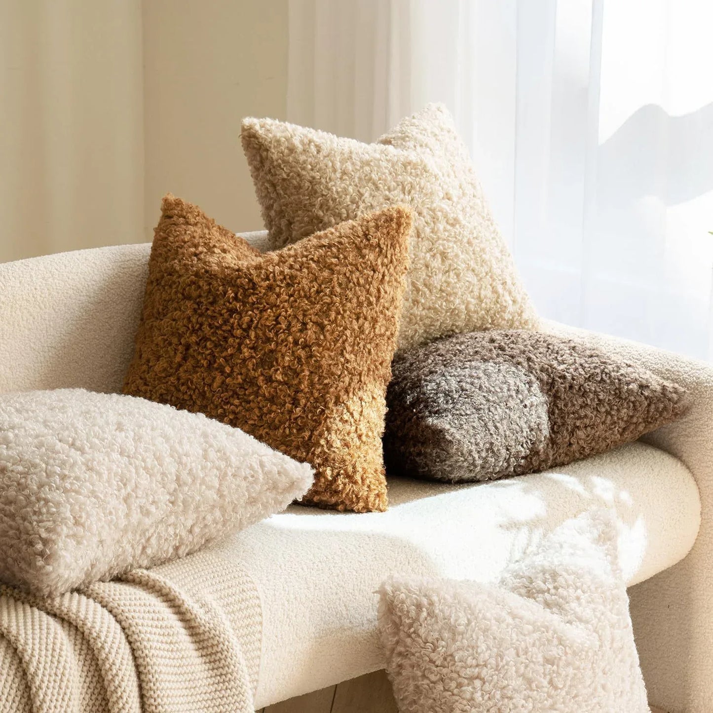 2 Pcs White Cozy Teddy Boucle Cushion Cover - Plush Decorative Square Pillow Case for Sofa & Bed - Mekamart Australia