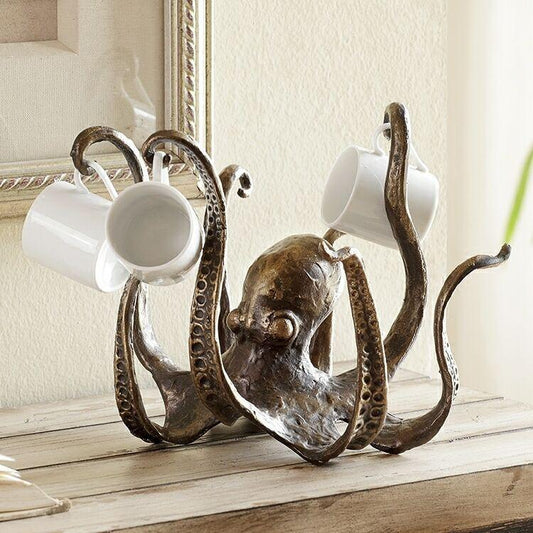 Silver Vintage Bronze Octopus Mug Holder - Decorative Resin Statue & Countertop Cup Rack - Mekamart Australia